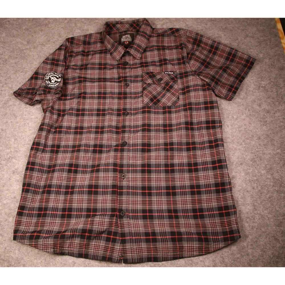 Metal Mulisha Mens 2XL Plaid Short Sleeve Button Down Shirt Red Black Grey Patch